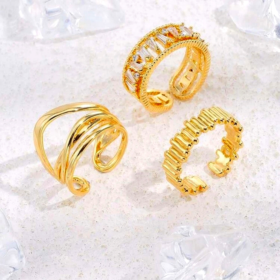 18k Gold Dipped Adjustable Cz Rhinestone & Midi Ring Set